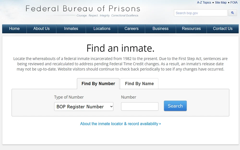 A screenshot from the Federal Bureau of Prisons website showing the find an inmate page.