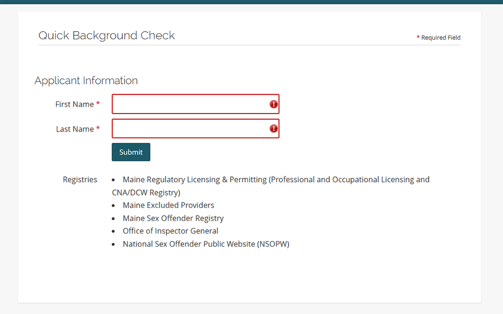 A screenshot from the Maine background check center website showing the quick background checks page.