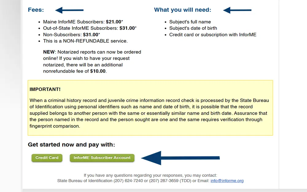 A screenshot from the Maine Criminal History Record and Juvenile Crime Information Request Service showing the fees details and payment options.