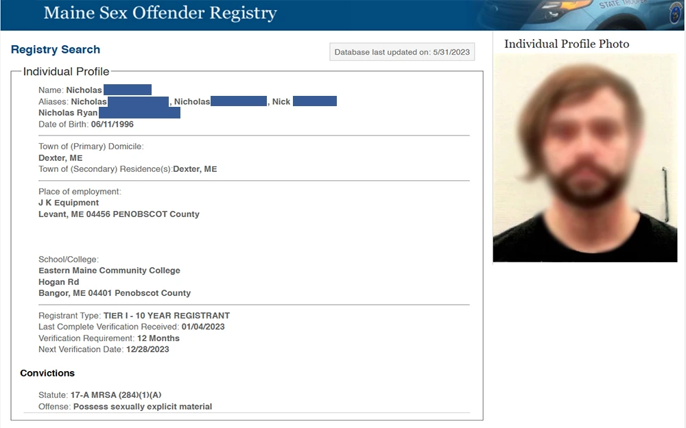 A screenshot from the Maine Sex Offender Registry website's registry search results page showing an individual's profile and details.