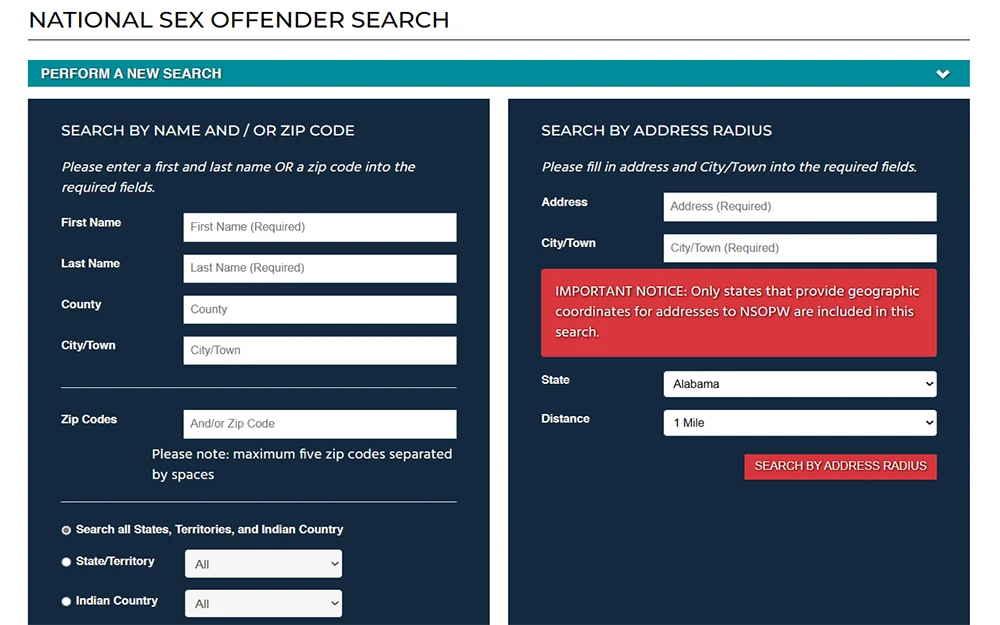A screenshot from the United States Department of Justice National Sex Offender Public Website showing the perform a new search page.