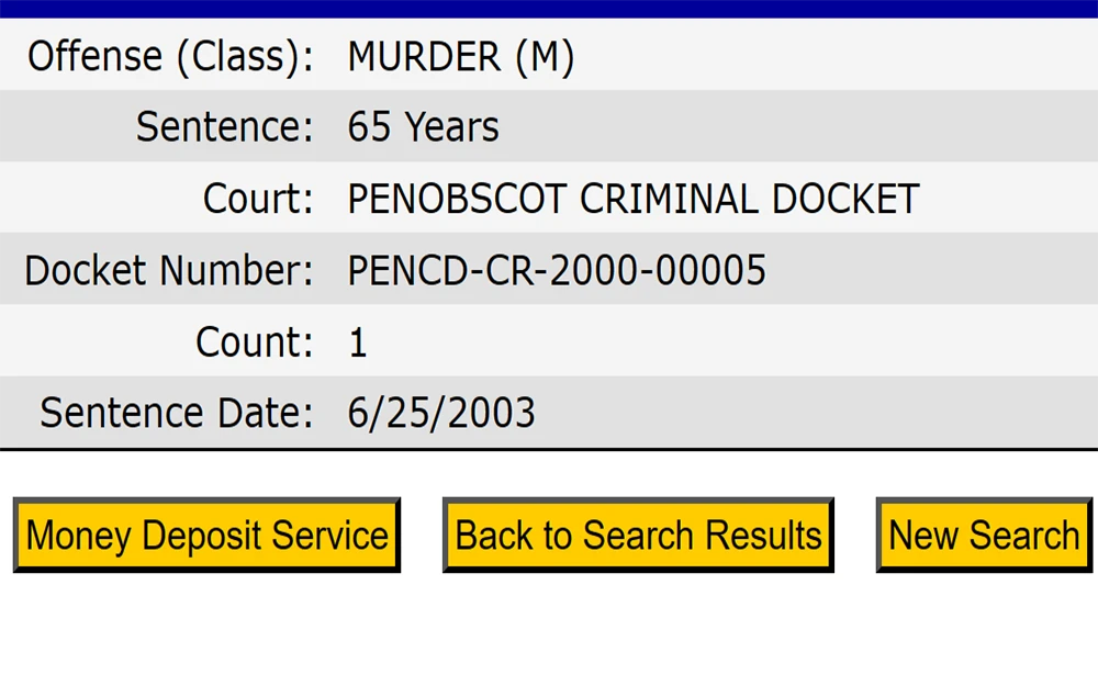 A screenshot showing the search and deposit details page from the State of Maine Department of Corrections website.