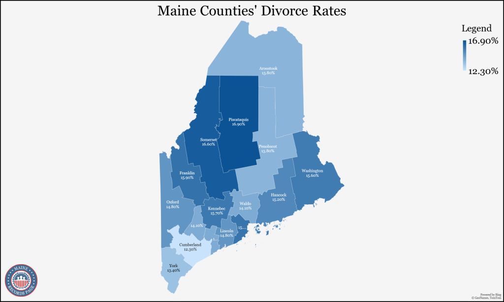 Map of Maine showing the counties' divorce rates (5-year estimates in 2021).