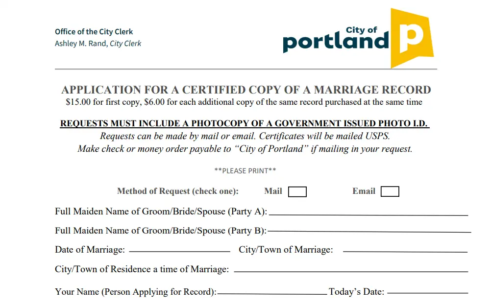 A screenshot of the City of Portland's application for a certified copy of a marriage document requires specifying the request method and the bride and groom's name, including the necessary information.