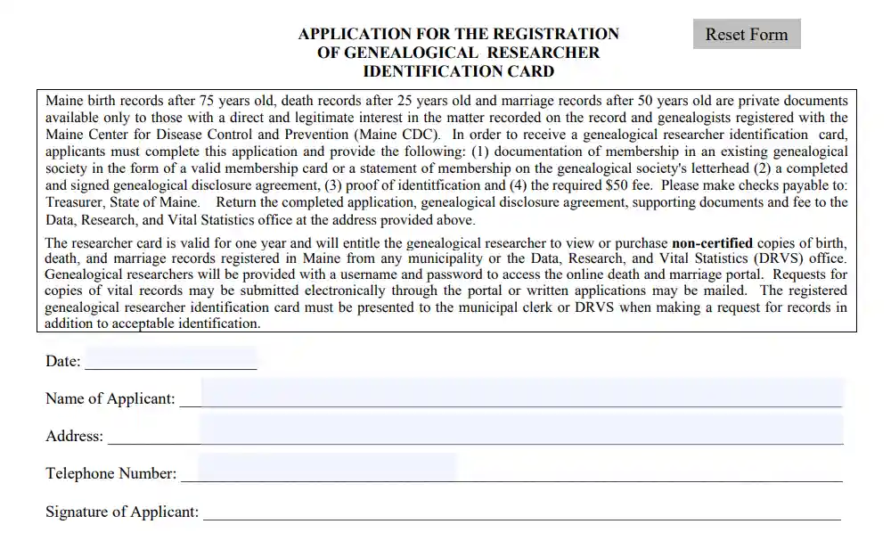 A screenshot of the Application for Registration of Genealogical Researcher in Maine Center for Disease Control and Prevention requires applicants to provide their information such as phone number, date, address, and more.