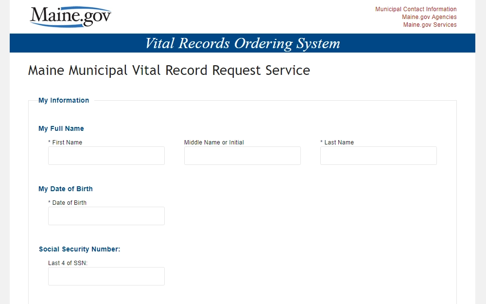 A screenshot of the 'Vital Records Ordering System' used to obtain marriage documents, where the searcher must input the full name, date of birth and SS number.