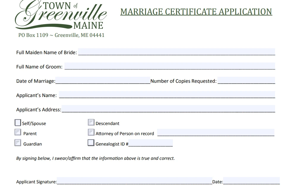 The 'Marriage Certificate Application Form' screenshot, taken in the Town of Greenville, requires users to fill in details such as the full names of the bride and groom, date of marriage, the number of copies required, the applicant's name and address, the relationship to the subject, and signature at the bottom.
