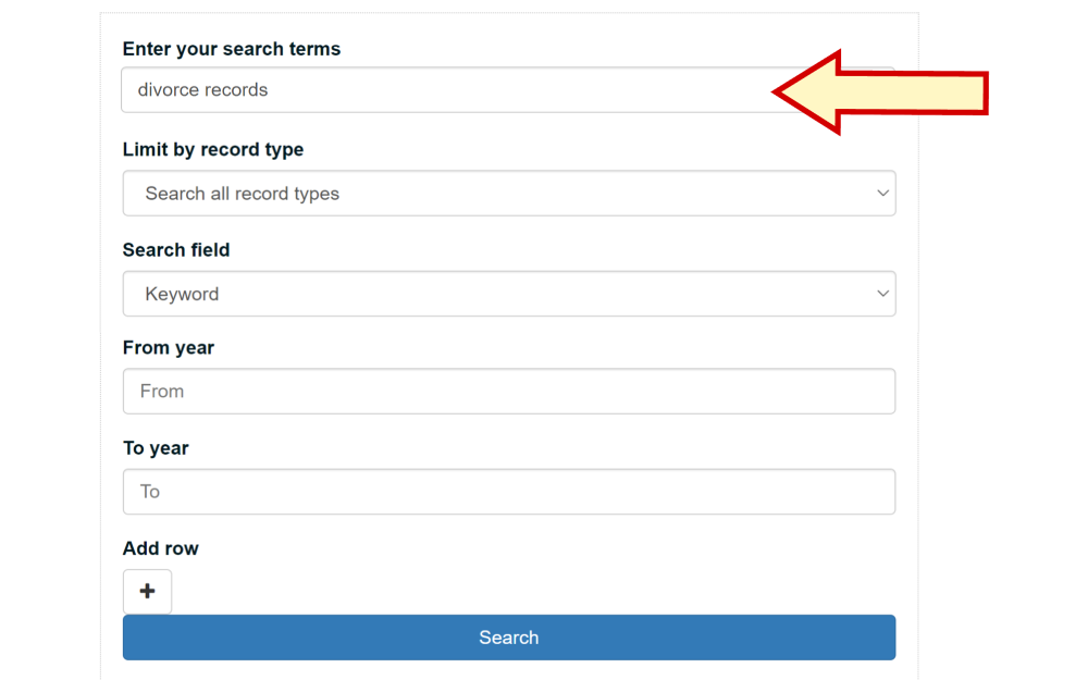 A screenshot displaying a record or document search tool filtering the search terms, record type limit, search field, year and row with an arrow pointing to a sample search term from the Maine State Archives website.