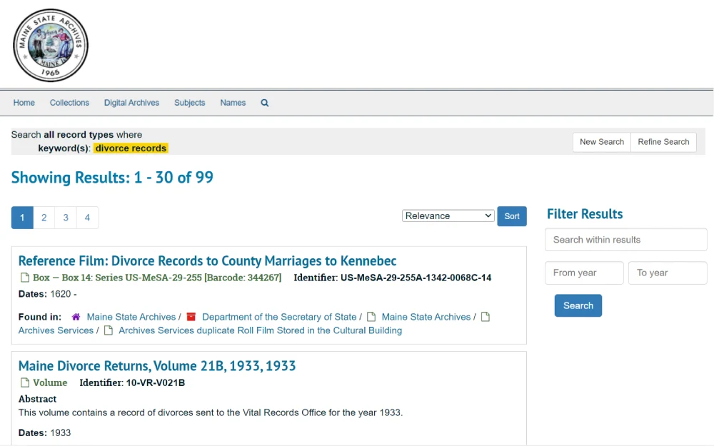 A screenshot displaying a record or document search results showing the title, dates, where the document or record is found, identifier and other information from the Maine State Archives website.
