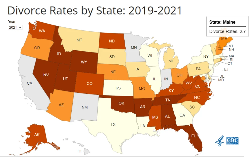 A screenshot showing a visualization map of Maine divorce rates per 1,000 total population residing in the area for 2021 from the Center for Disease Control and Prevention, National Center for Health Statistics website.