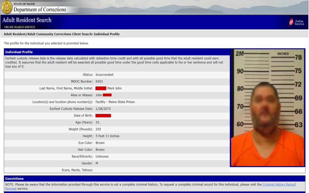 A screenshot from the Department of Corrections for the state of Maine featuring the profile of an incarcerated individual, including his identification number, full name, alias, facility location, earliest possible release date, date of birth, physical attributes, and a frontal photograph.