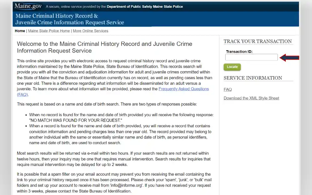 A screenshot of the Maine State Police online service portal for requesting criminal history records and juvenile crime information, detailing the process and guidelines for obtaining official state records of convictions and pending cases, with specific mention of different dissemination criteria for adult and juvenile information.