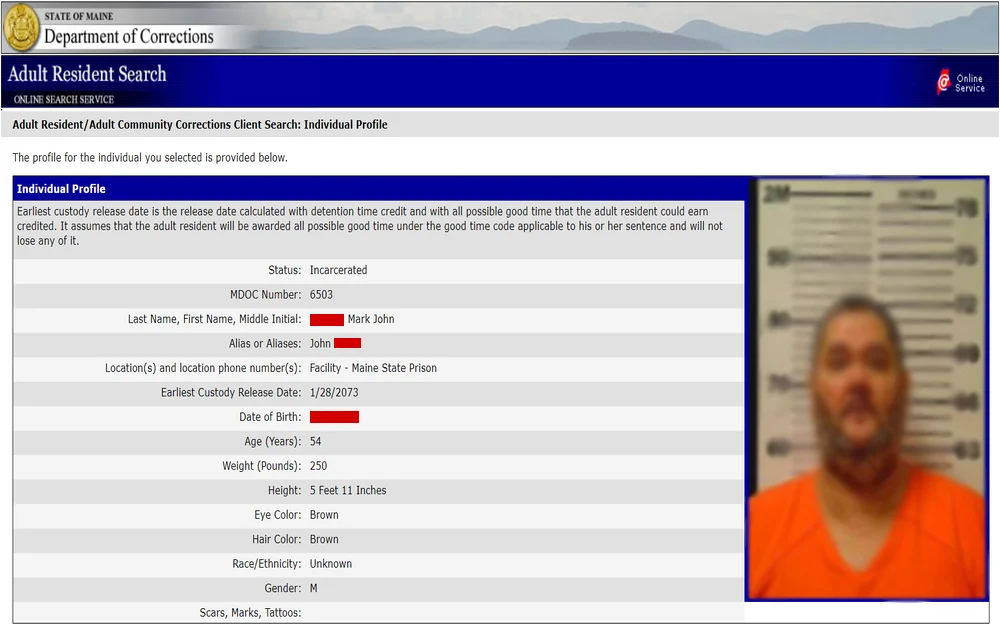 A screenshot from the Maine Department of Corrections' Adult Resident Search result sample showing an individual's name, aliases, incarceration status, identification number, facility location, earliest release date, physical descriptors including age, weight, height, eye and hair color, and a photograph of the inmate.
