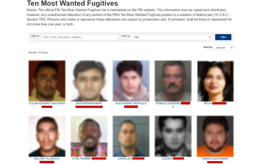 A screenshot displaying blurred images and names of individuals on the FBI's Ten Most Wanted Fugitives list, with a notice stating that altering the posters is illegal, and includes options to filter and sort through the list.