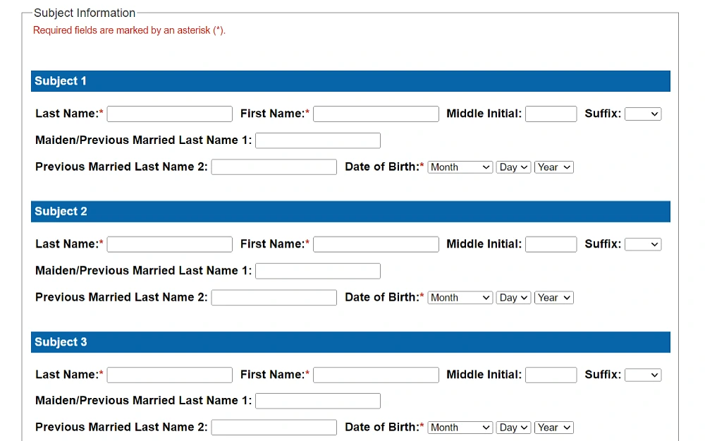 A screenshot showing a Maine criminal history record and Juvenile Request with details to be filled out such as last name, first name, middle initial, maiden/previous married last name and date of birth.