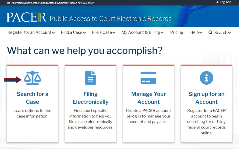 A screenshot showing public access to the court electronic records portal menu with options to search for cases, file electronically, manage an account and sign up for an account.