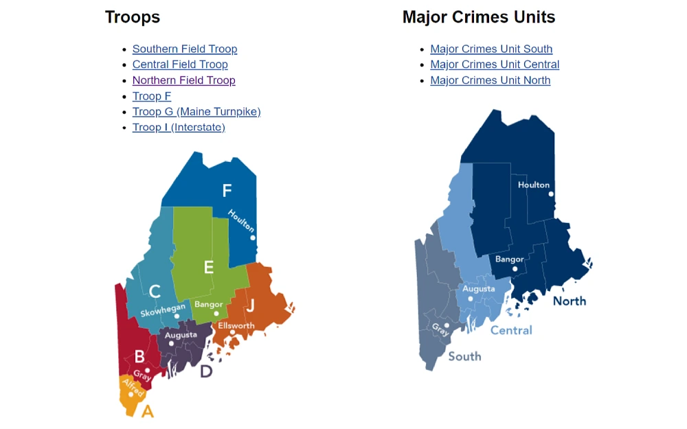 A screenshot displays two clickable maps to report crime for Southern, Central, Northern, F, Maine turnpike and interstate troops and major crime units in South, Central, and North.