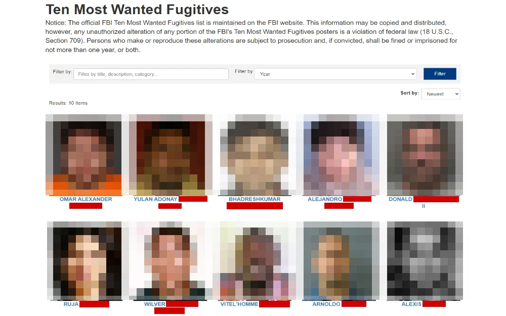 Screenshot displays the Federal Bureau of Investigation's ten most wanted fugitives list maintained by the FBI website, showing a mugshot photo and complete name.