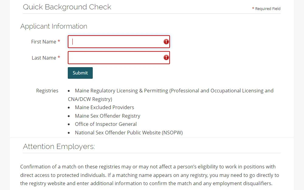 A screenshot from the Maine Department of Health and Human Services shows the quick background check tool with fields for the first and last names and a note for employers.
