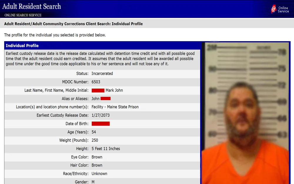 A screenshot from the State of Maine Department of Corrections shows an online profile of an incarcerated individual, including their personal details and earliest release date.