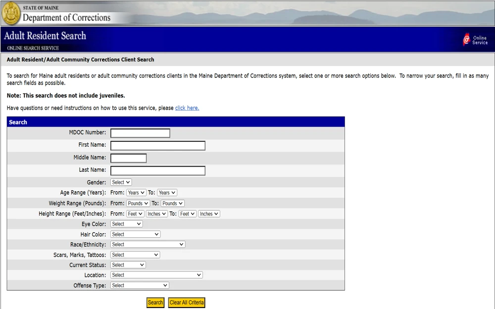 A screenshot from the State of Maine department of corrections website showing the adult resident search page.