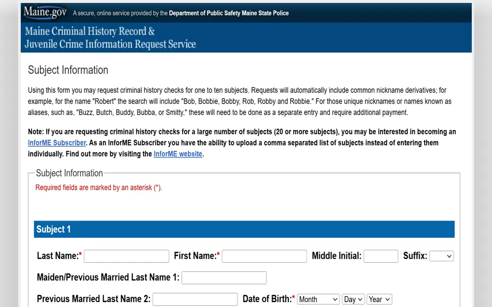 A screenshot from the Maine Criminal History Record And Juvenile Crime Information Request Service subject information form.