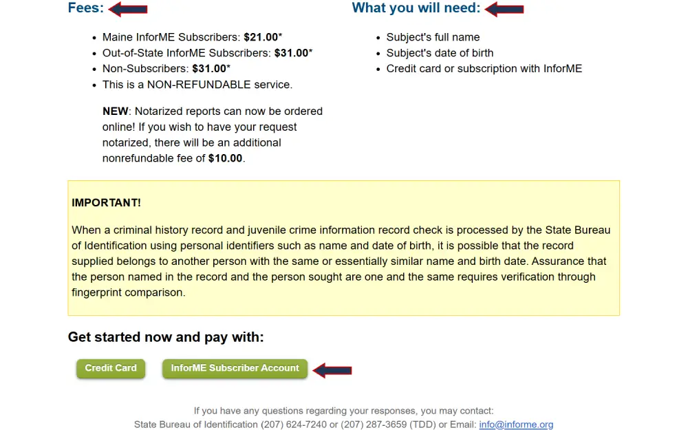 A screenshot from the Maine Criminal History Record and Juvenile Crime Information Request Service showing the fees details and payment options.