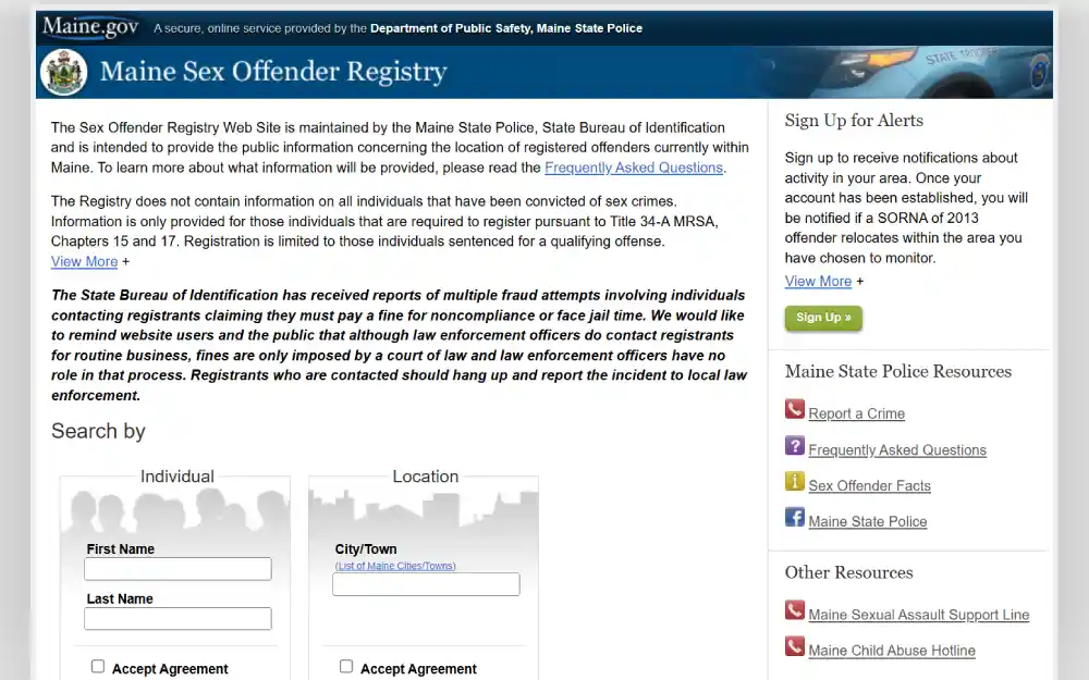 A screenshot from the Maine Sex Offender Registry website showing the search by criterion, such as name search, city/town search and zip code search.