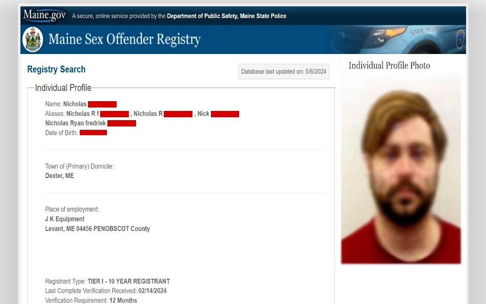 A screenshot from the Maine Sex Offender Registry website's registry search results page showing an individual's profile and details.
