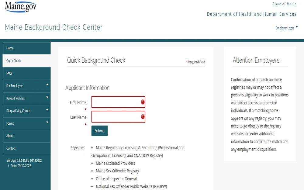 A screenshot of a website page from the State of Maine's Department of Health and Human Services shows a form for submitting a quick background check with fields for entering an applicant's first and last name.